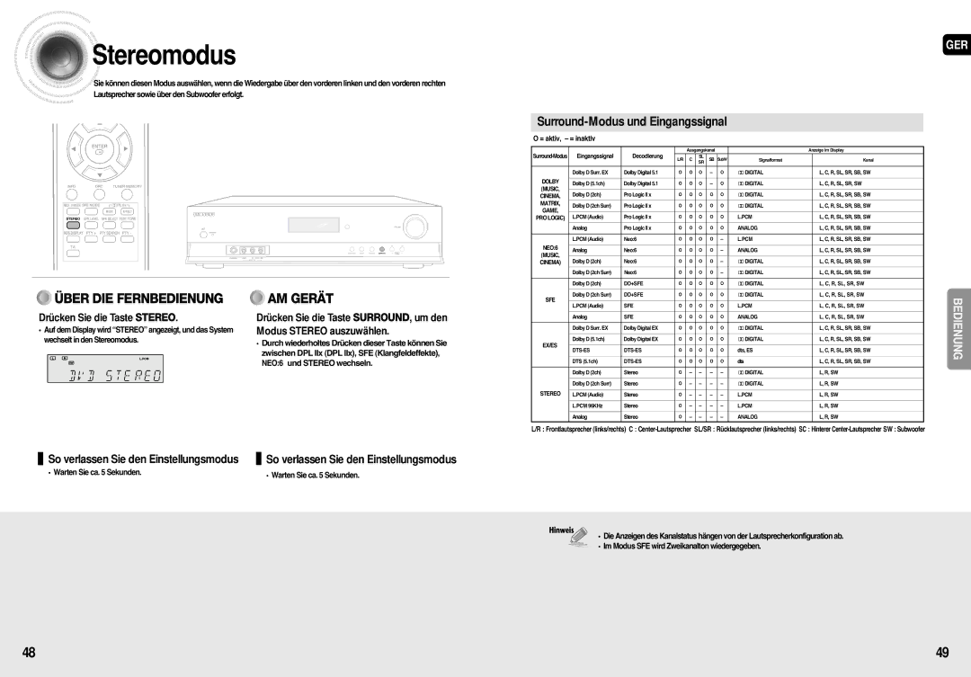 Samsung HT-AS710R/ELS, AV-R710R/ELS manual Stereomodus, Drücken Sie die Taste Stereo 