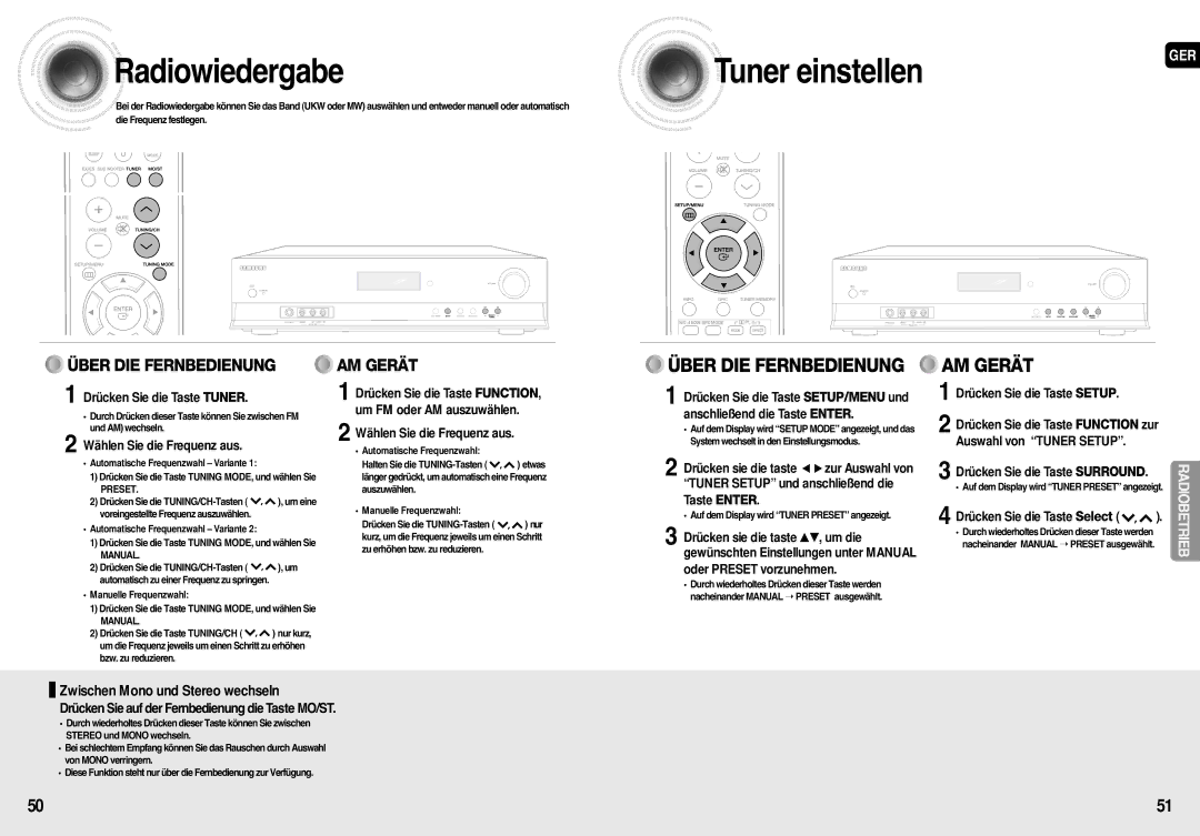 Samsung AV-R710R/ELS, HT-AS710R/ELS manual Radiowiedergabe, Zwischen Mono und Stereo wechseln 