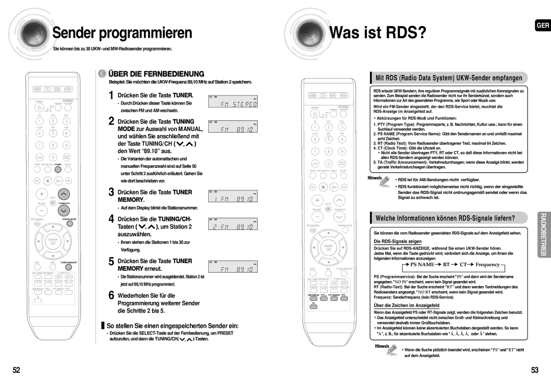 Samsung HT-AS710R/ELS, AV-R710R/ELS manual Sender programmieren, So stellen Sie einen eingespeicherten Sender ein 