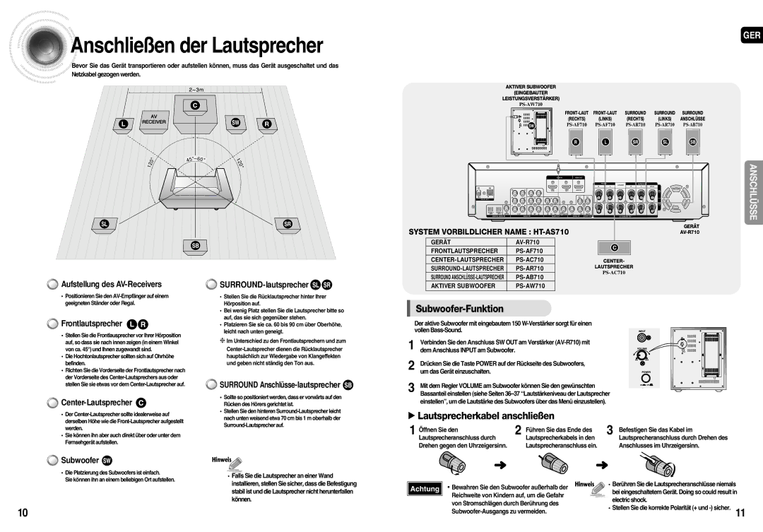 Samsung AV-R710R/ELS, HT-AS710R/ELS manual Anschließen der Lautsprecher, Subwoofer-Funktion, √ Lautsprecherkabel anschließen 