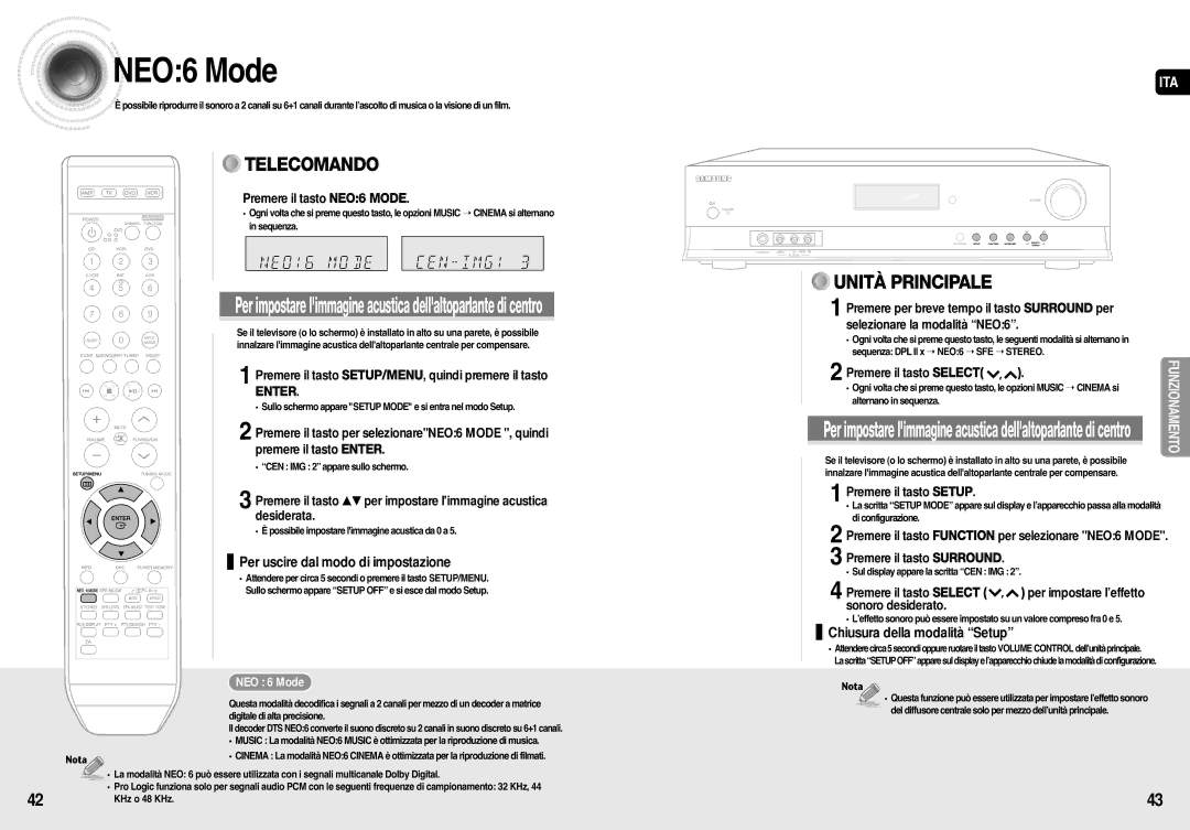 Samsung AV-R710R/ELS manual Chiusura della modalità Setup, Premere il tasto NEO6 Mode, NEO 6 Mode 