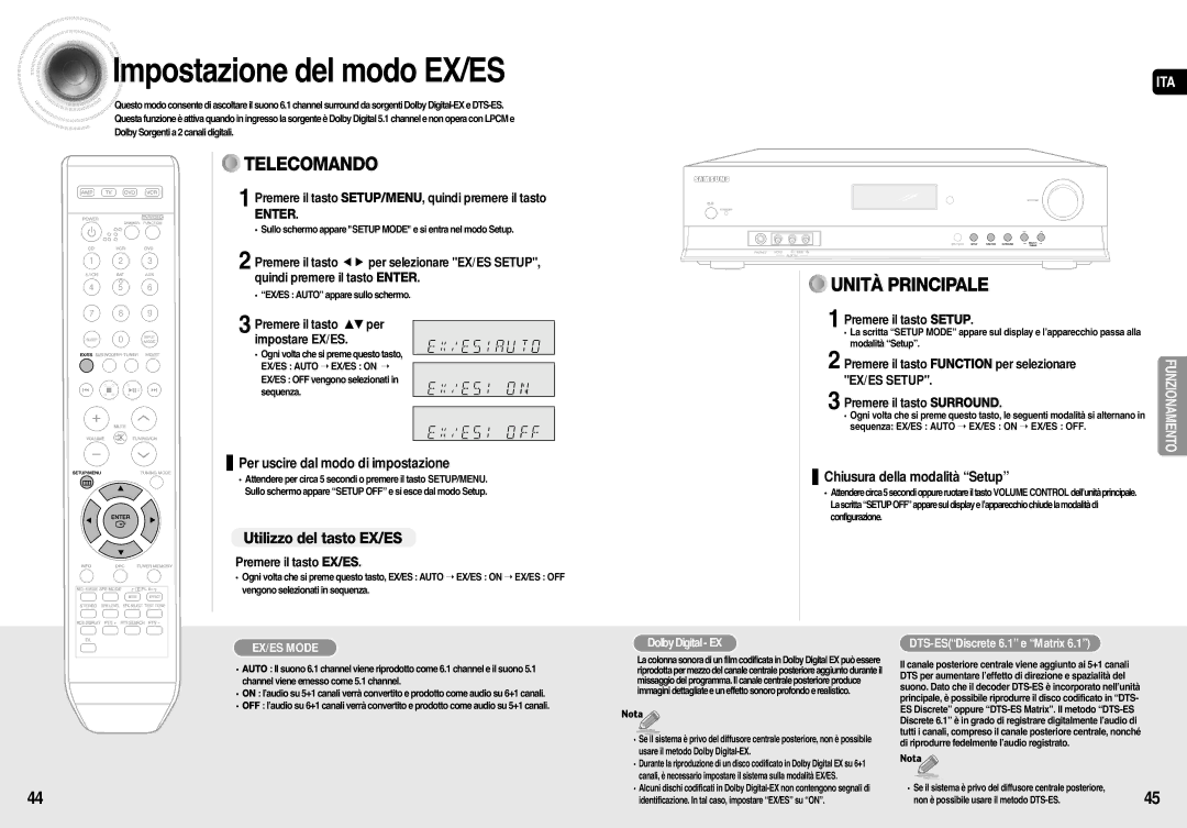 Samsung AV-R710R/ELS manual Impostazione del modo EX/ES, Utilizzo del tasto EX/ES, Premere il tasto …† per impostare EX/ES 