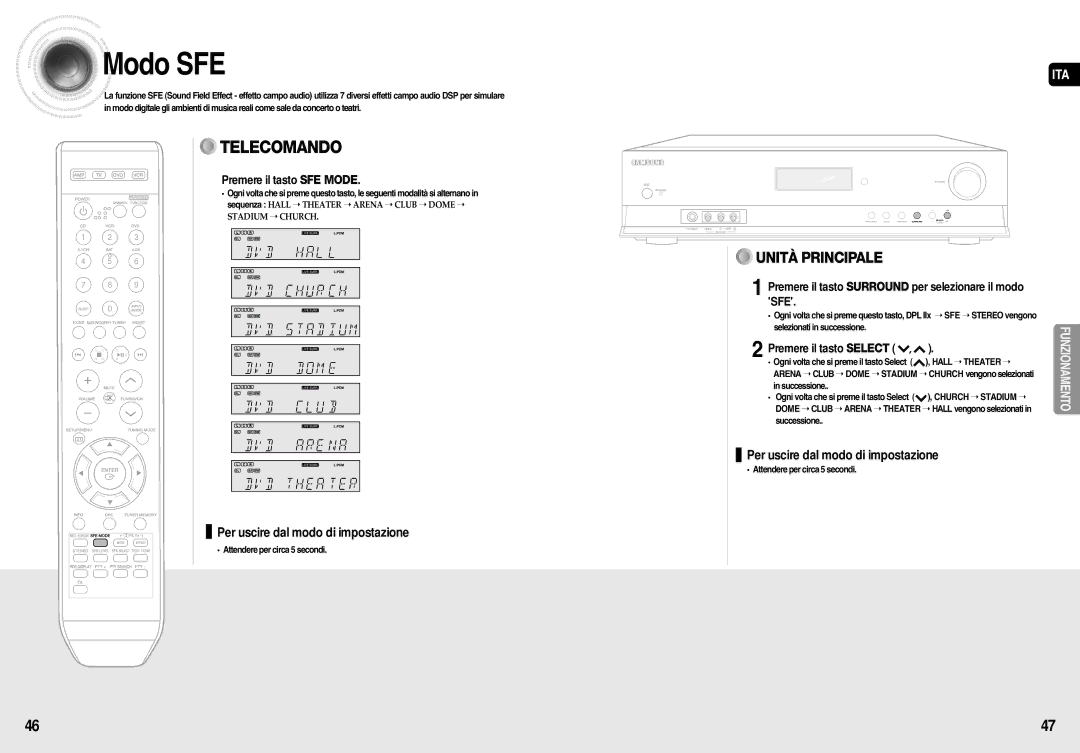 Samsung AV-R710R/ELS manual Modo SFE, Premere il tasto SFE Mode, Premere il tasto Surround per selezionare il modo SFE 