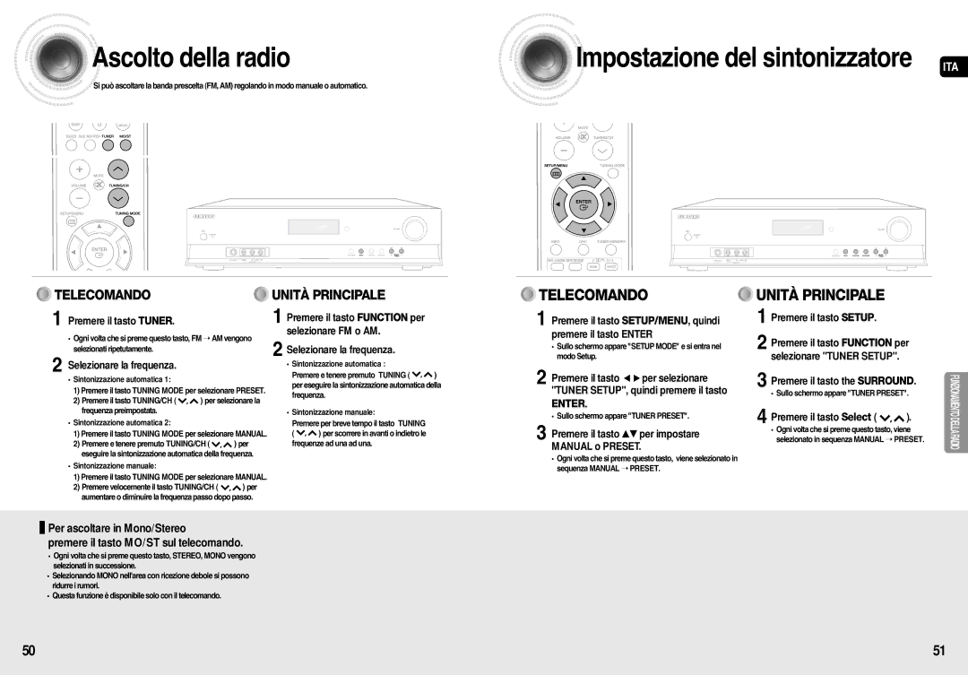 Samsung AV-R710R/ELS Premere il tasto Tuner, Selezionare FM o AM, Selezionare la frequenza, Premere il tasto the Surround 