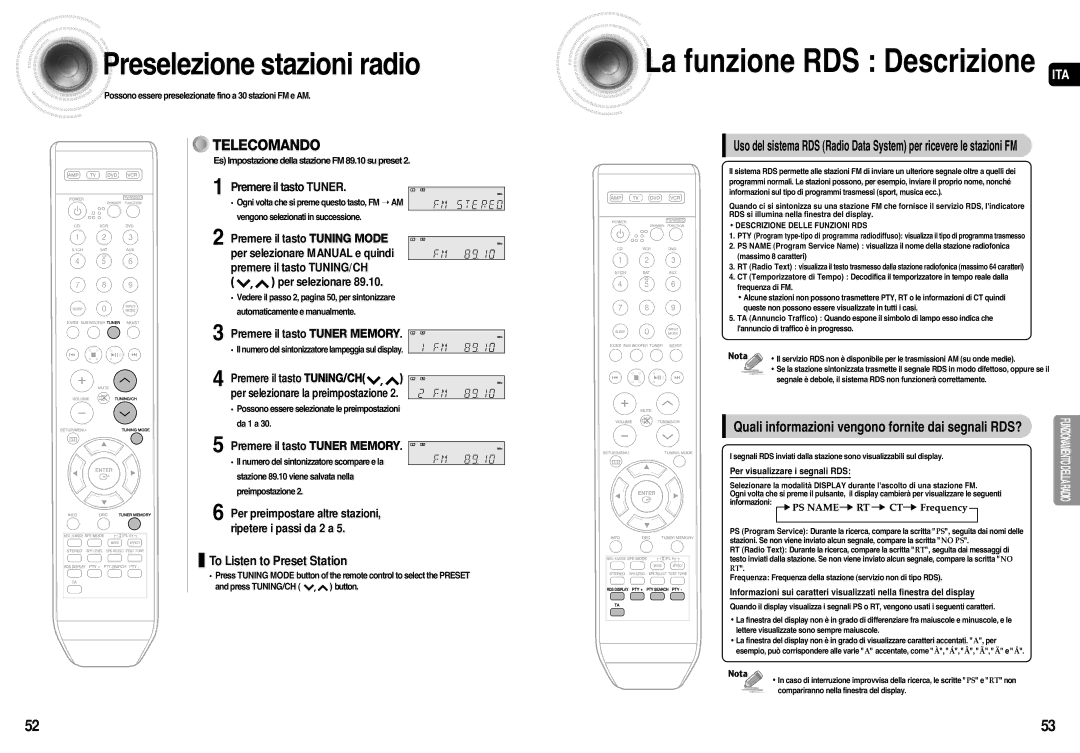 Samsung AV-R710R/ELS manual Preselezione stazioni radio, To Listen to Preset Station, Premere il tasto Tuner Memory 