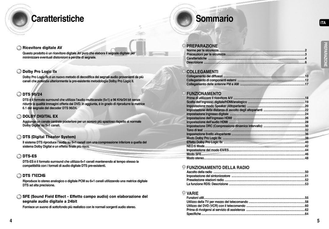 Samsung AV-R710R/ELS manual Caratteristiche, Sommario 