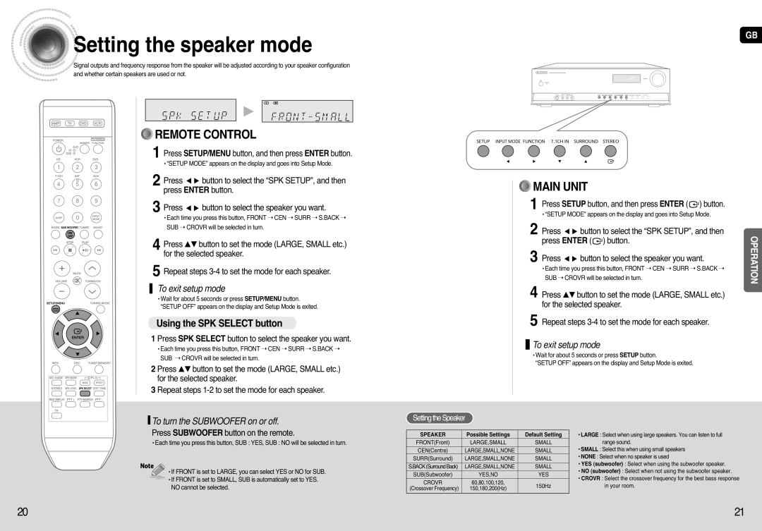 Samsung HT-AS720, AV-R720 Setting the speaker mode, Using the SPK Select button, To turn the Subwoofer on or off 