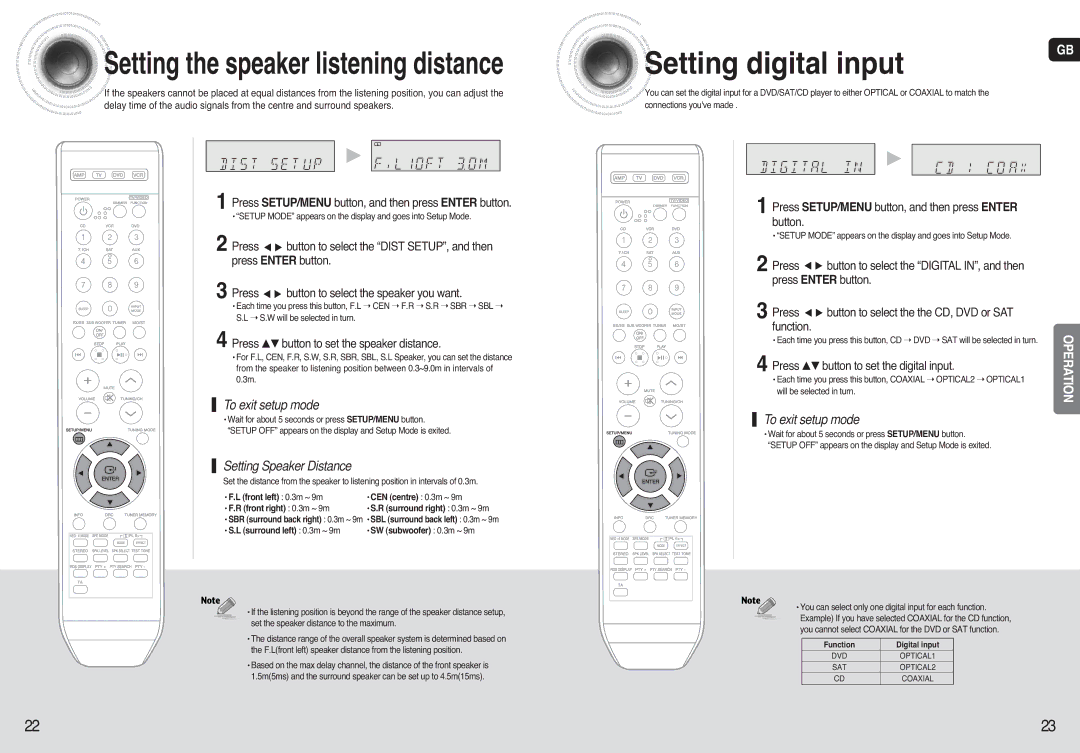 Samsung AV-R720, HT-AS720 Setting digital input, Setting Speaker Distance, Press …† button to set the speaker distance 