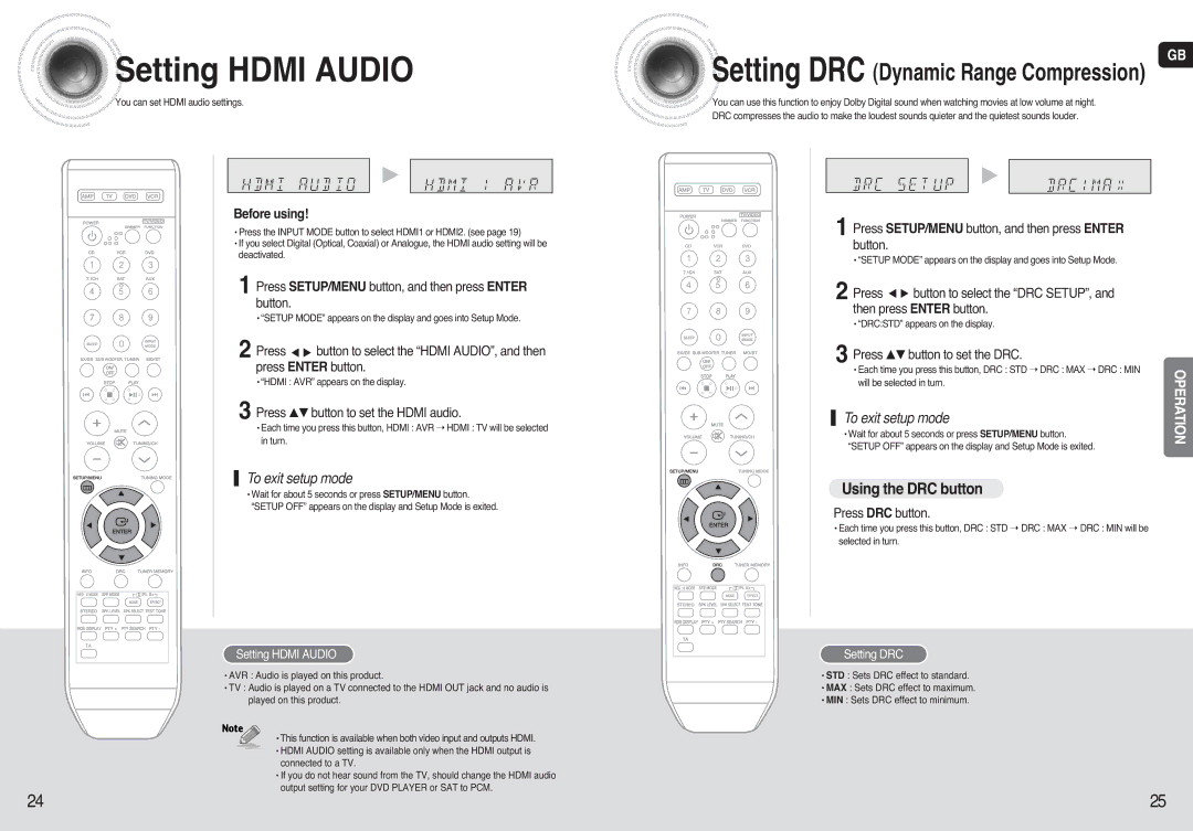 Samsung HT-AS720 Setting Hdmi Audio, Using the DRC button, Press …† button to set the Hdmi audio, Press DRC button 