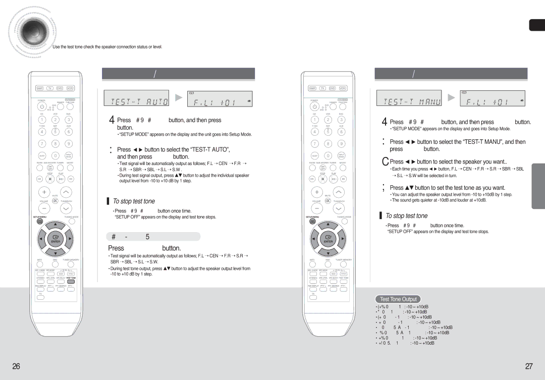 Samsung AV-R720, HT-AS720 Test tone, Using the Test Tone button, Press Test Tone button, To stop test tone 