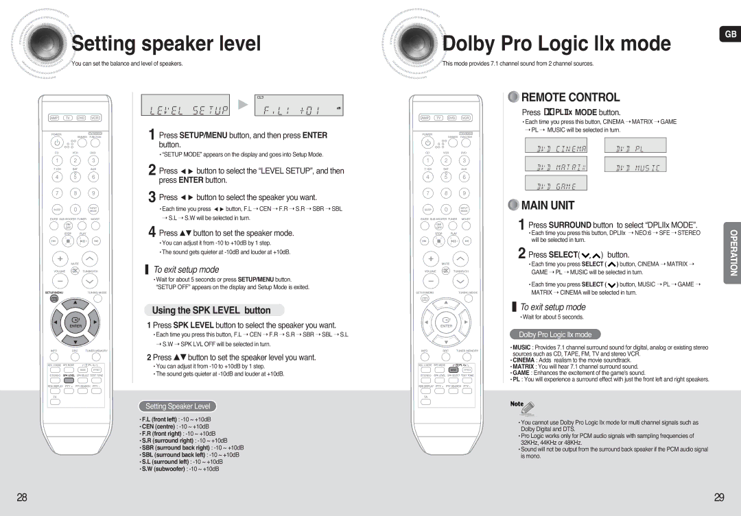 Samsung HT-AS720, AV-R720 instruction manual Setting speaker level, Dolby Pro Logic llx mode, Using the SPK Level button 