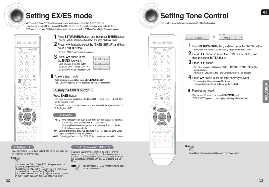 Samsung HT-AS720, AV-R720 instruction manual Setting EX/ES mode, Setting Tone Control, Using the EX/ES button 