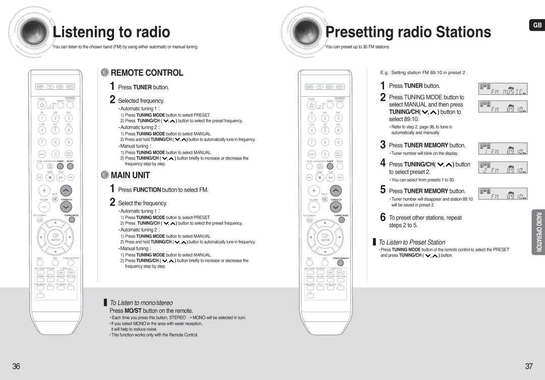 Samsung HT-AS720, AV-R720 instruction manual Listening to radio, To Listen to Preset Station, To Listen to mono/stereo 