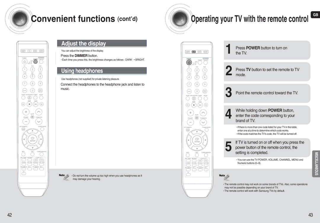 Samsung AV-R720 Convenient functions cont’d, Pressthe TV.POWER button to turn on, Point the remote control toward the TV 