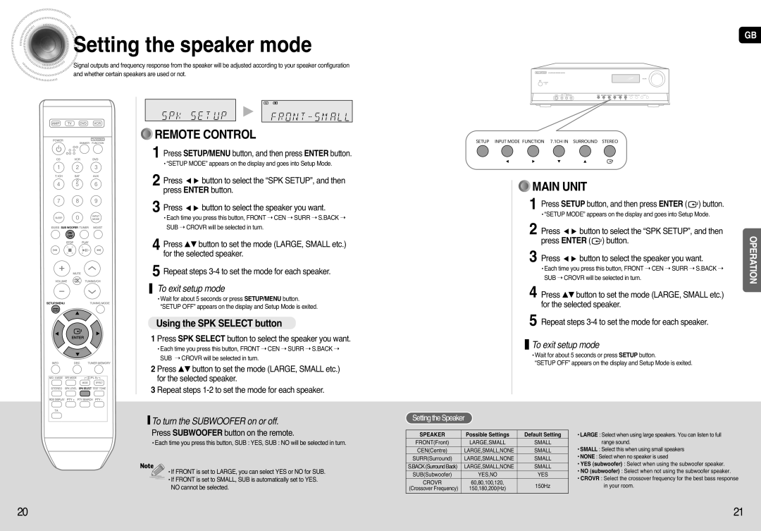 Samsung HT-AS720 Setting the speaker mode, Using the SPK SELECT button, To turn the SUBWOOFER on or off, Remote Control 