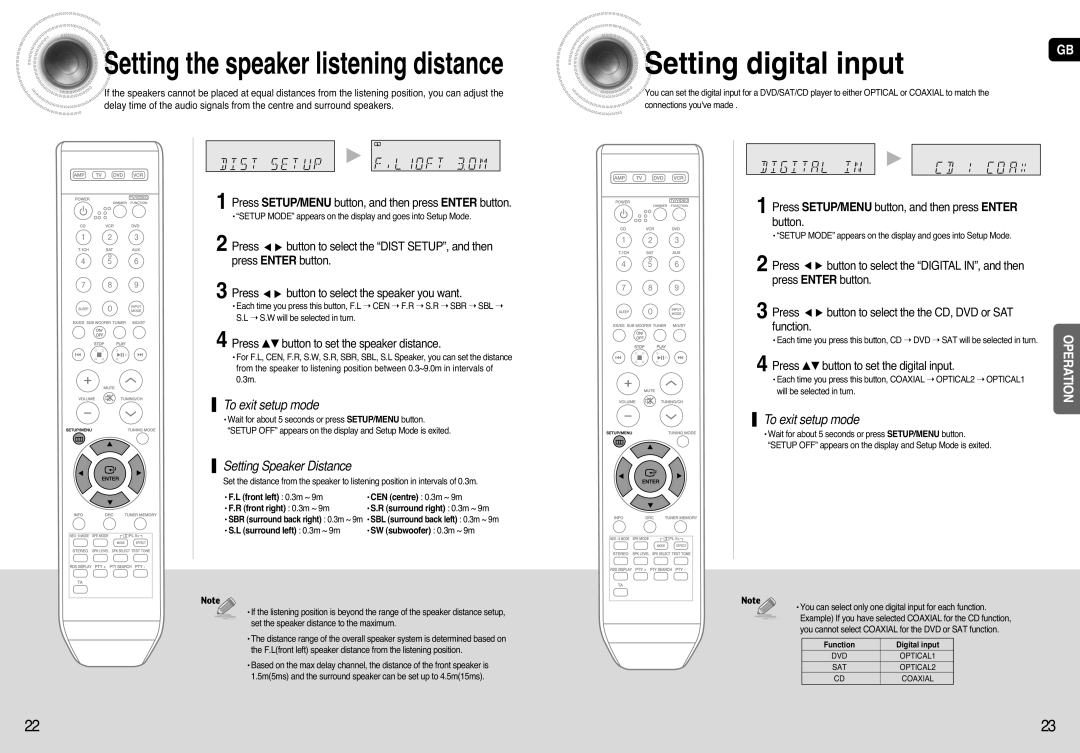 Samsung AV-R720, HT-AS720 Settingdigital input, Setting Speaker Distance, Operation, Settingthe speaker listening distance 