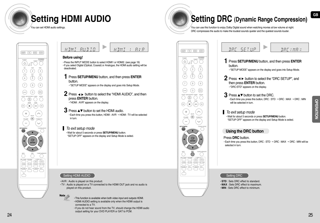 Samsung HT-AS720 SettingHDMI AUDIO, SettingDRC Dynamic Range Compression, Using the DRC button, Before using, Operation 