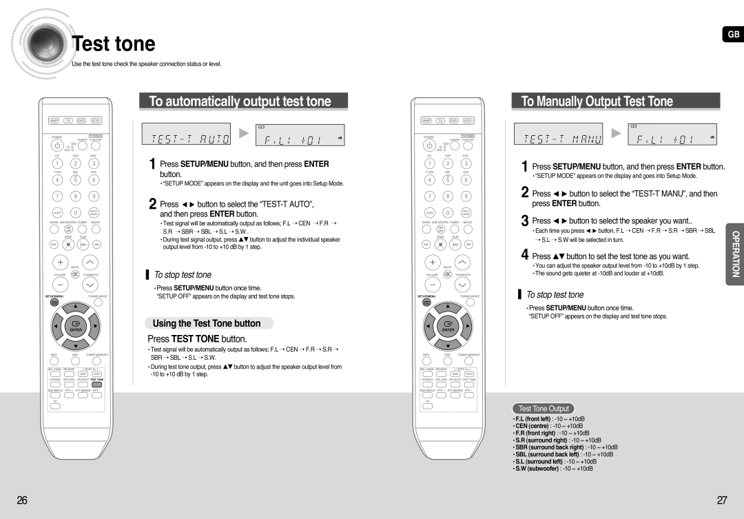 Samsung AV-R720 Testtone, To automatically output test tone, To Manually Output Test Tone, Using the Test Tone button 