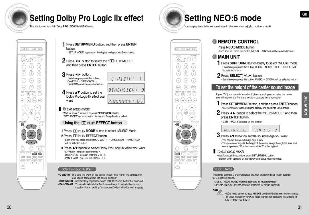 Samsung AV-R720 SettingDolby Pro Logic llx effect, SettingNEO 6 mode, Using the EFFECT button, Remote Control, Main Unit 
