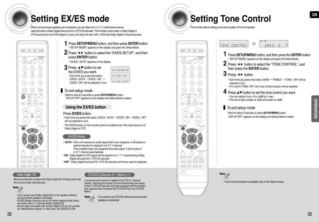 Samsung HT-AS720, AV-R720 SettingEX/ES mode, SettingTone Control, Using the EX/ES button, To exit setup mode, EX/ES Mode 