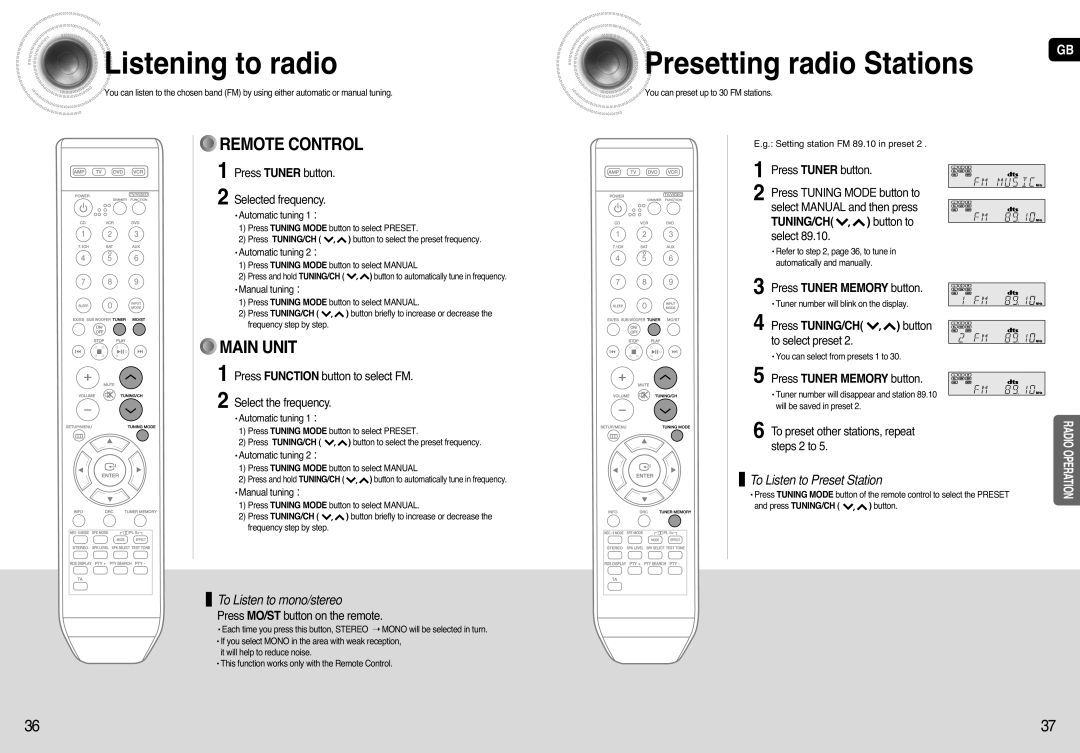 Samsung HT-AS720 Listening to radio, Presetting radio Stations, To Listen to Preset Station, To Listen to mono/stereo 