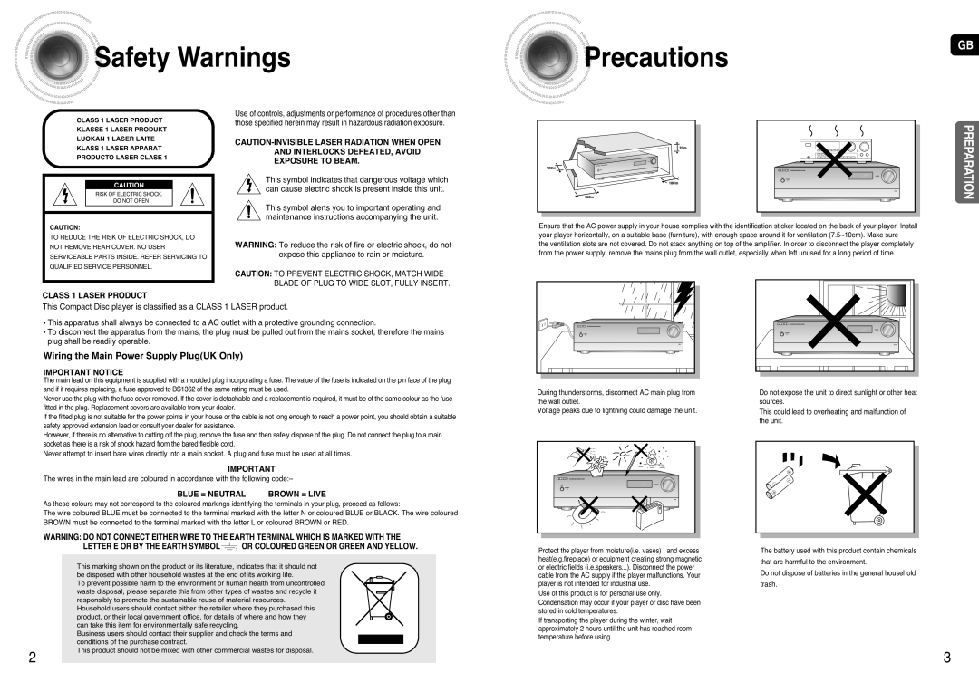 Samsung AV-R720 SafetyWarnings, Precautions, Preparation, Wiring the Main Power Supply PlugUK Only, CLASS 1 LASER PRODUCT 