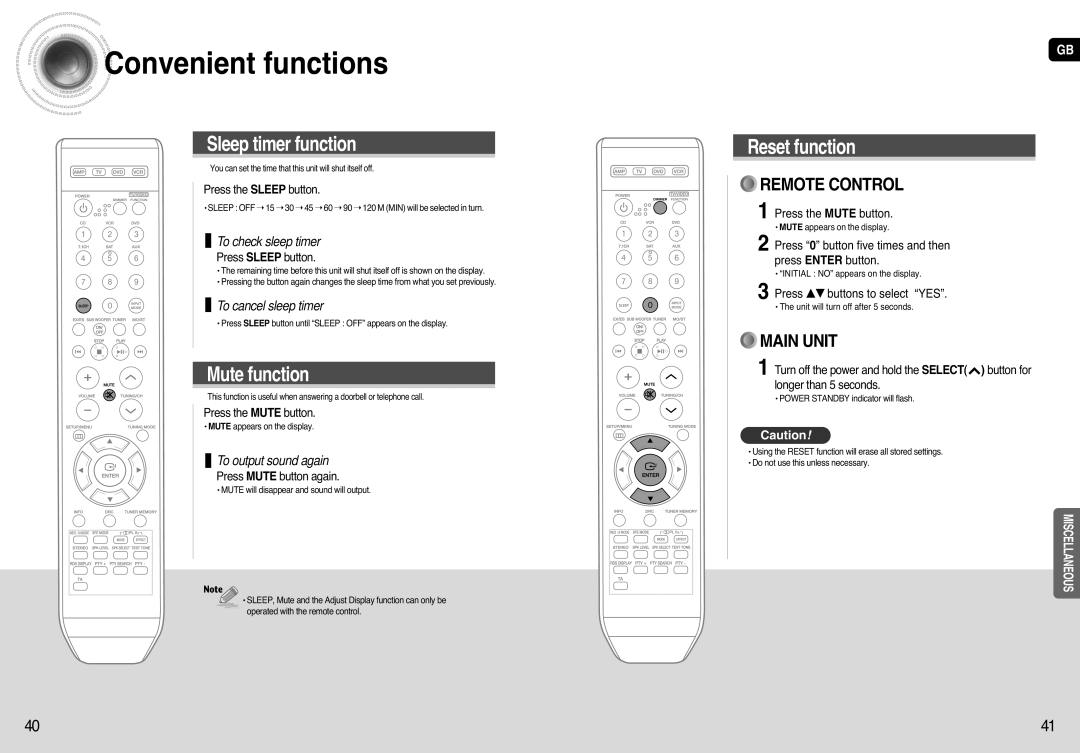 Samsung HT-AS720 Convenientfunctions, Sleep timer function, Mute function, Reset function, To check sleep timer, Main Unit 
