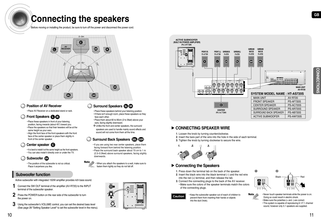Samsung AV-R720, HT-AS720 Connectingthe speakers, √Connecting Speaker Wire, √Connecting the Speakers, Subwoofer function 