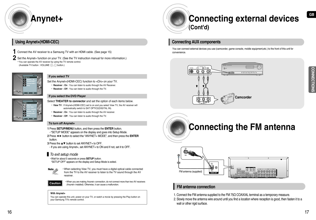 Samsung HT-AS720 Connectingthe FM antenna, Contd, Using Anynet+HDMI-CEC, Connecting AUX components, To exit setup mode 