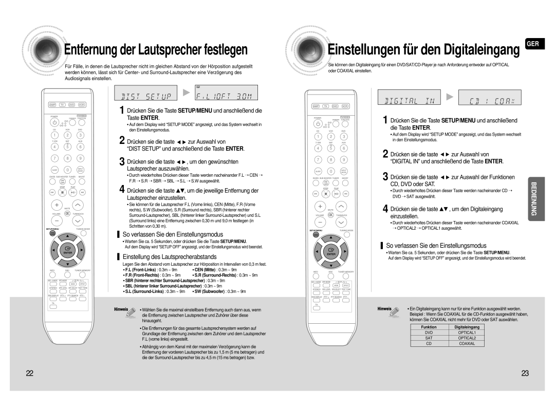 Samsung AV-R720R/XEF manual Drücken sie die taste Zur Auswahl von, S.R SBR SBL S.L S.W ausgewählt, ~ 9m, DVD SAT ausgewählt 