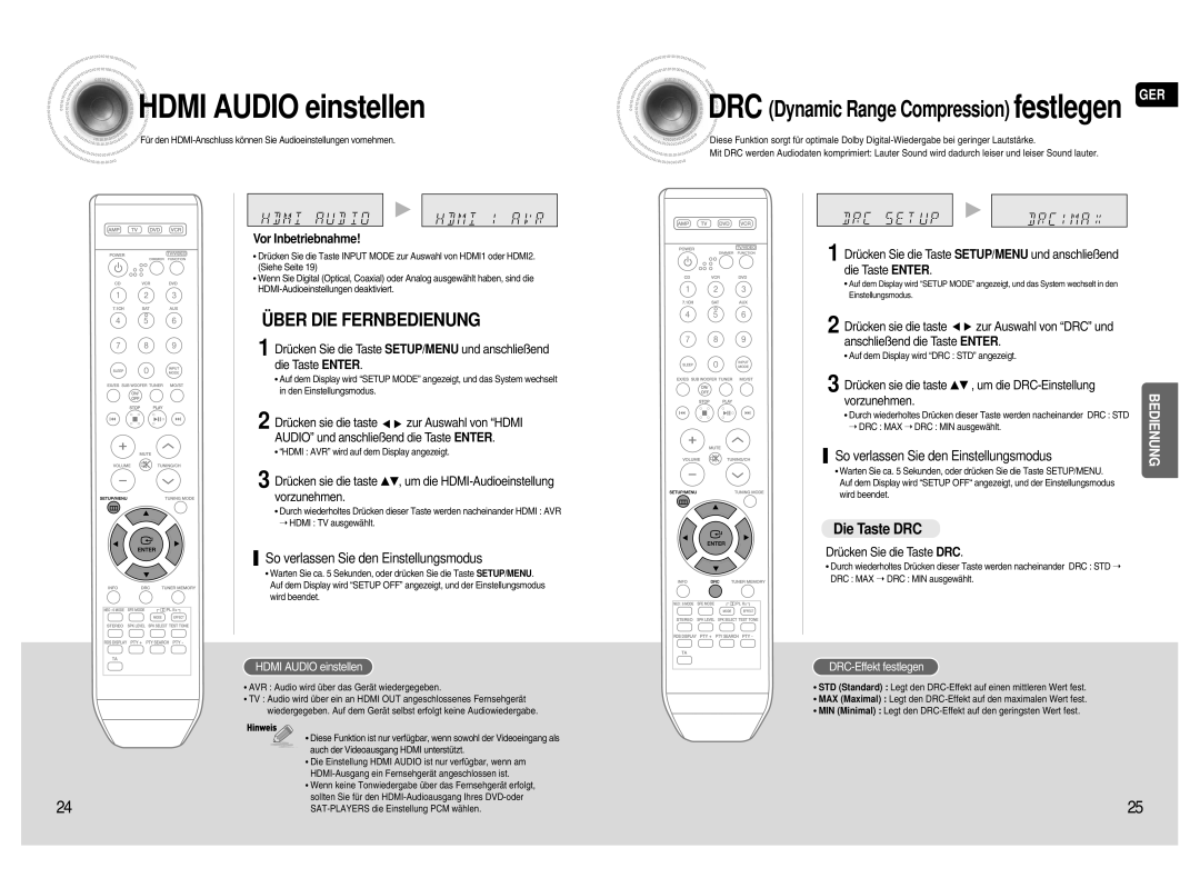 Samsung AV-R720R/XEF Hdmi Audio einstellen, Die Taste DRC, Drücken sie die taste …† , um die DRC-Einstellung, Vorzunehmen 