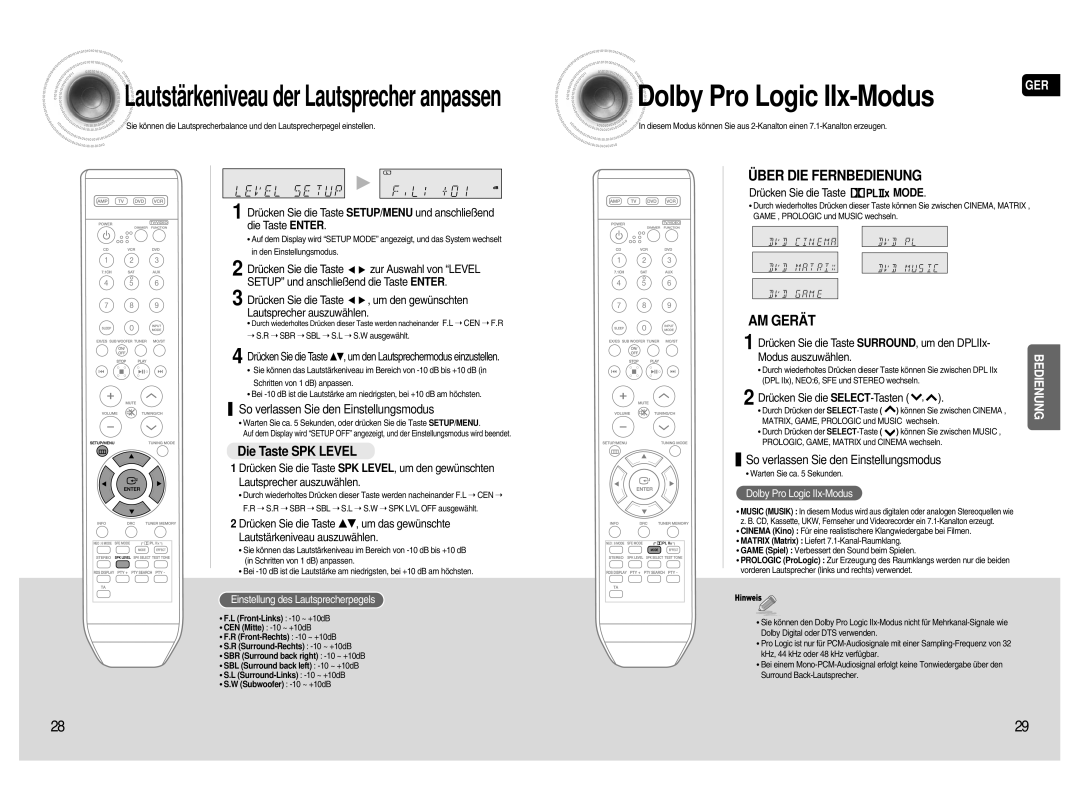 Samsung AV-R720R/XEF manual Dolby Pro Logic IIx-Modus, Die Taste SPK Level, Drücken Sie die Taste Mode 