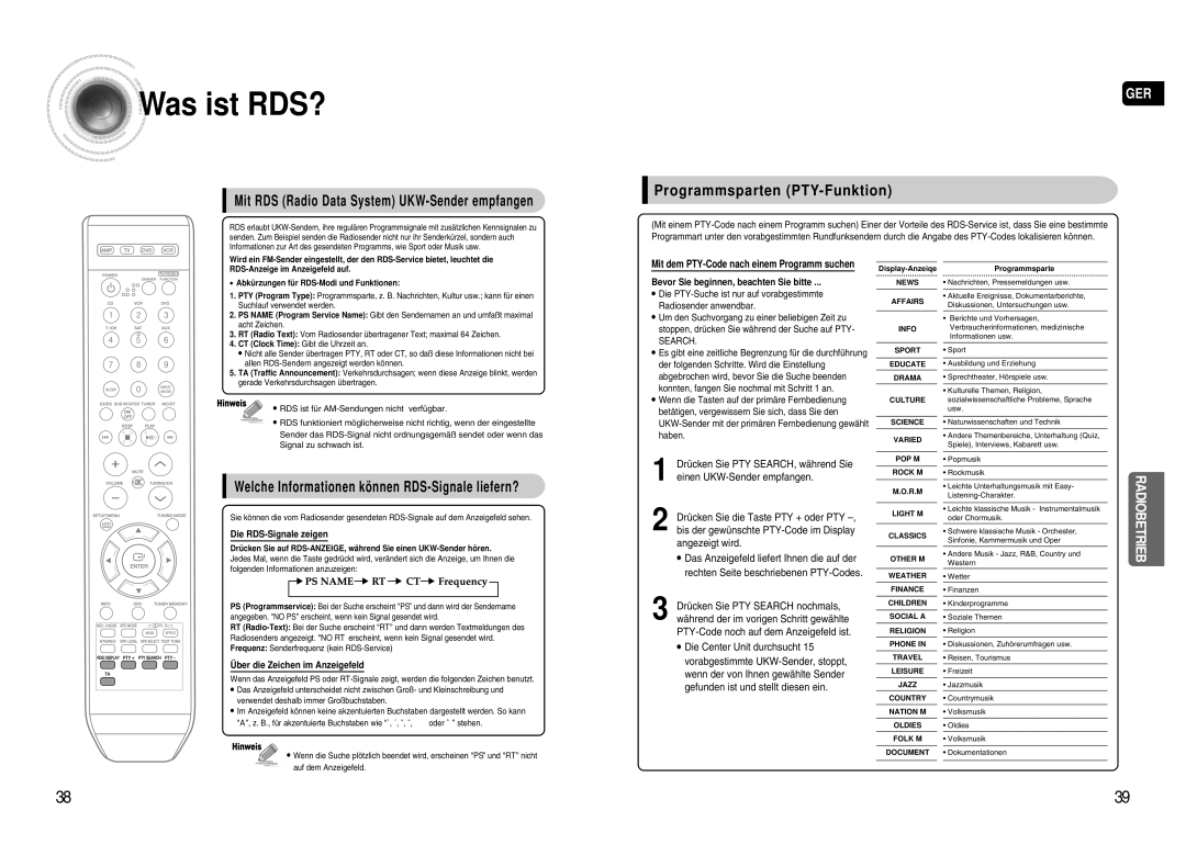 Samsung AV-R720R/XEF manual Was ist RDS?, Mit RDS Radio Data System UKW-Sender empfangen, Programmsparten PTY-Funktion 