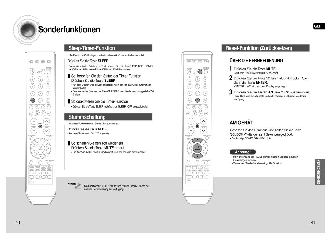 Samsung AV-R720R/XEF manual Sonderfunktionen, Drücken Sie die Taste Sleep, Drücken Sie die Taste Mute 