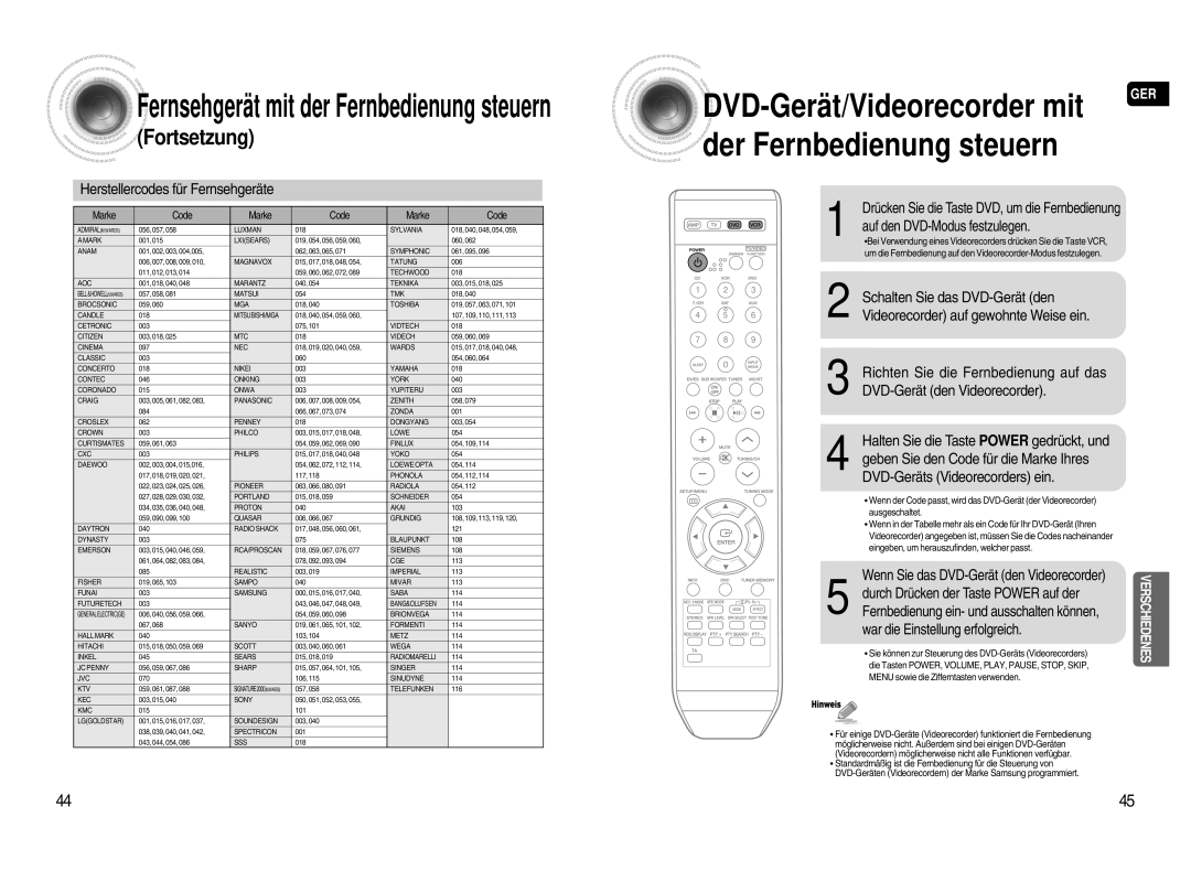 Samsung AV-R720R/XEF manual Herstellercodes für Fernsehgeräte, Halten Sie die Taste Power gedrückt, und 