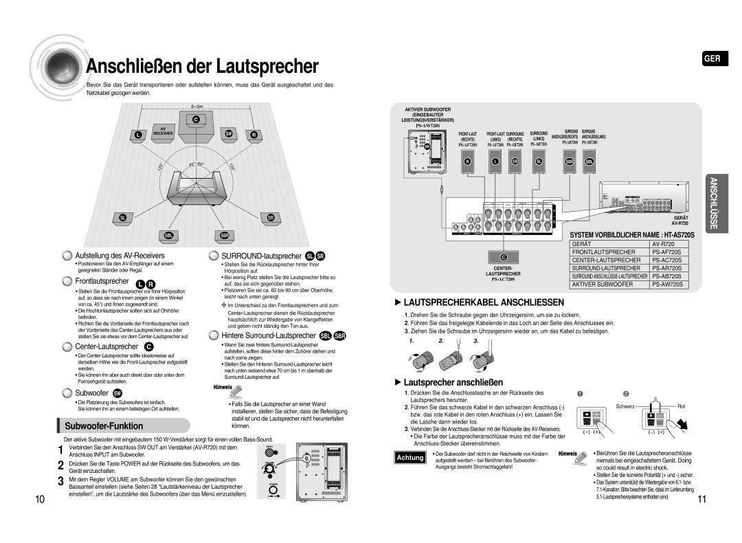 Samsung AV-R720R/XEF manual Anschließen der Lautsprecher, Subwoofer-Funktion 