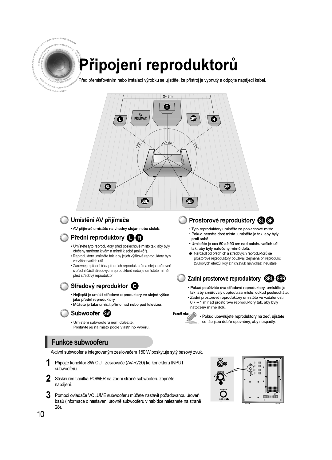 Samsung AV-R720R/XEO, HT-AS720SR/EDC manual Řipojení reproduktorů, Funkce subwooferu 