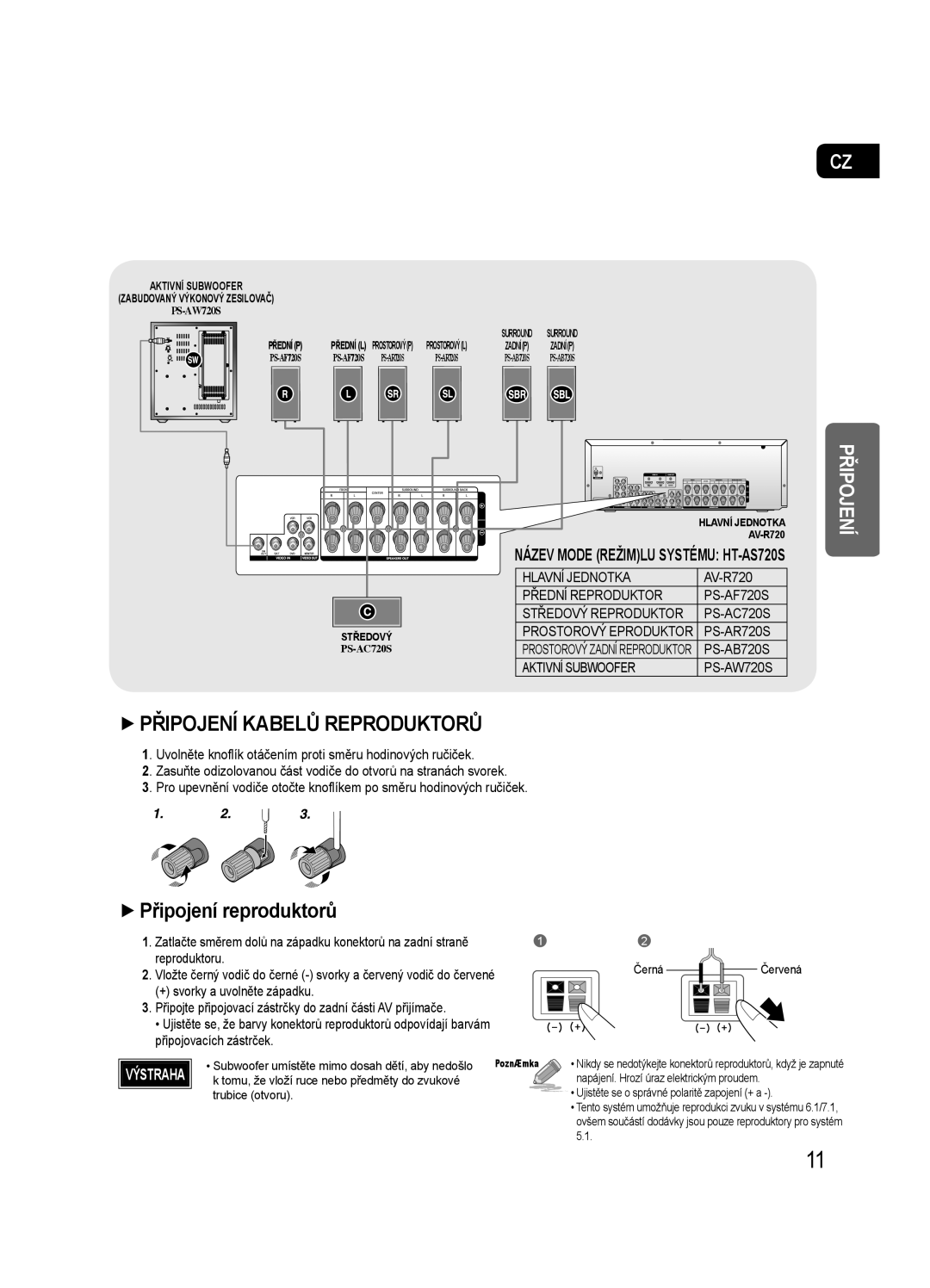 Samsung HT-AS720SR/EDC, AV-R720R/XEO manual Připojení reproduktorů, Aktivní Subwoofer Zabudovaný Výkonový Zesilovač 