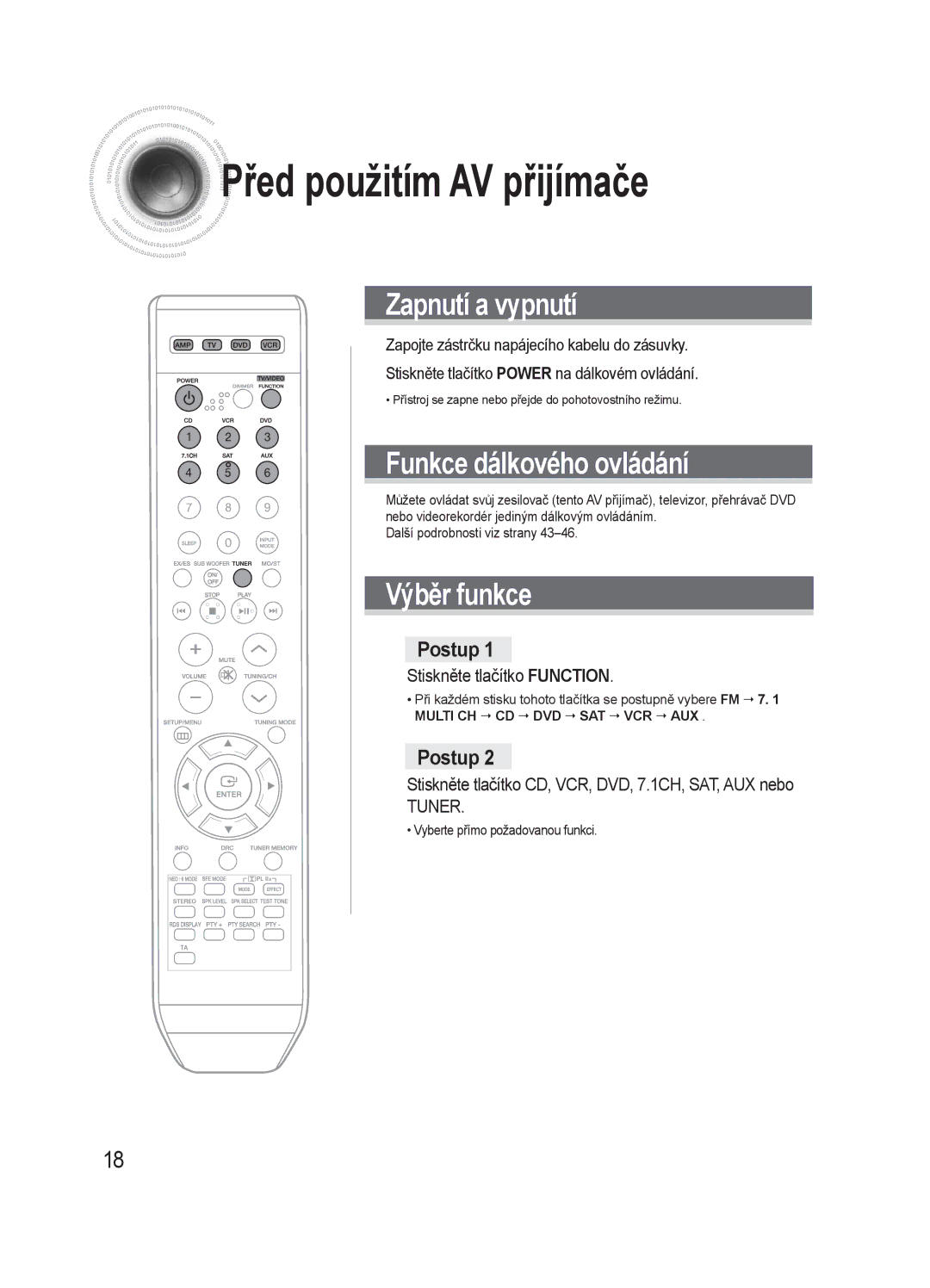 Samsung AV-R720R/XEO, HT-AS720SR/EDC manual Řed použitím AV přijímače, Postup, Stiskněte tlačítko Function 