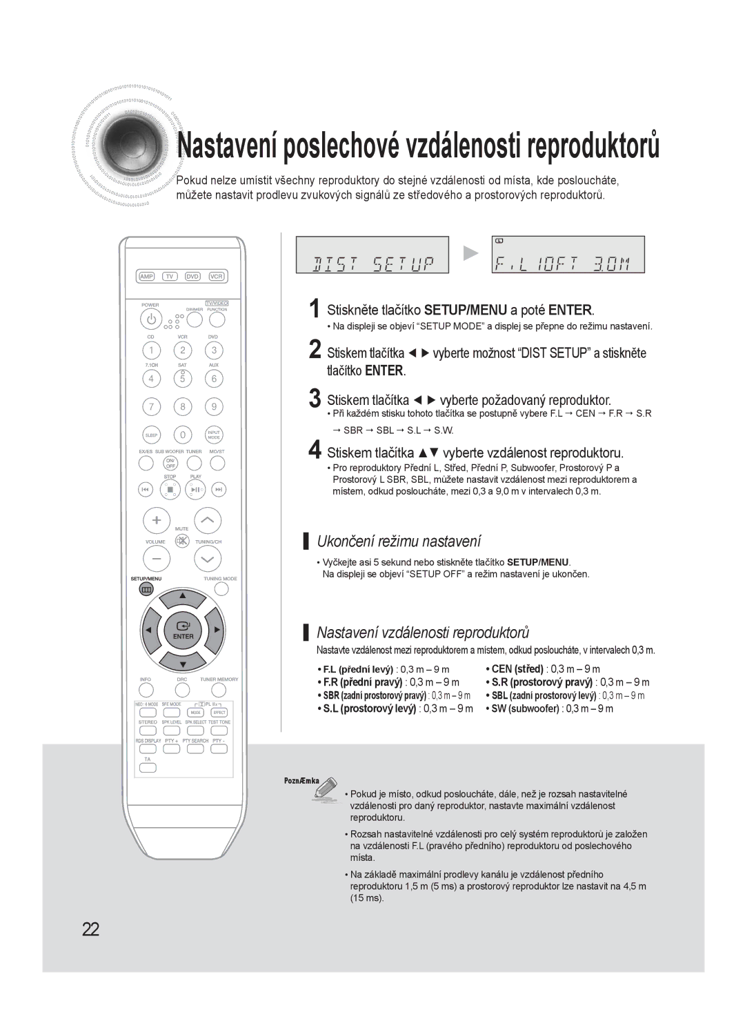 Samsung AV-R720R/XEO, HT-AS720SR/EDC manual Nastavení poslechové vzdálenosti reproduktorů 