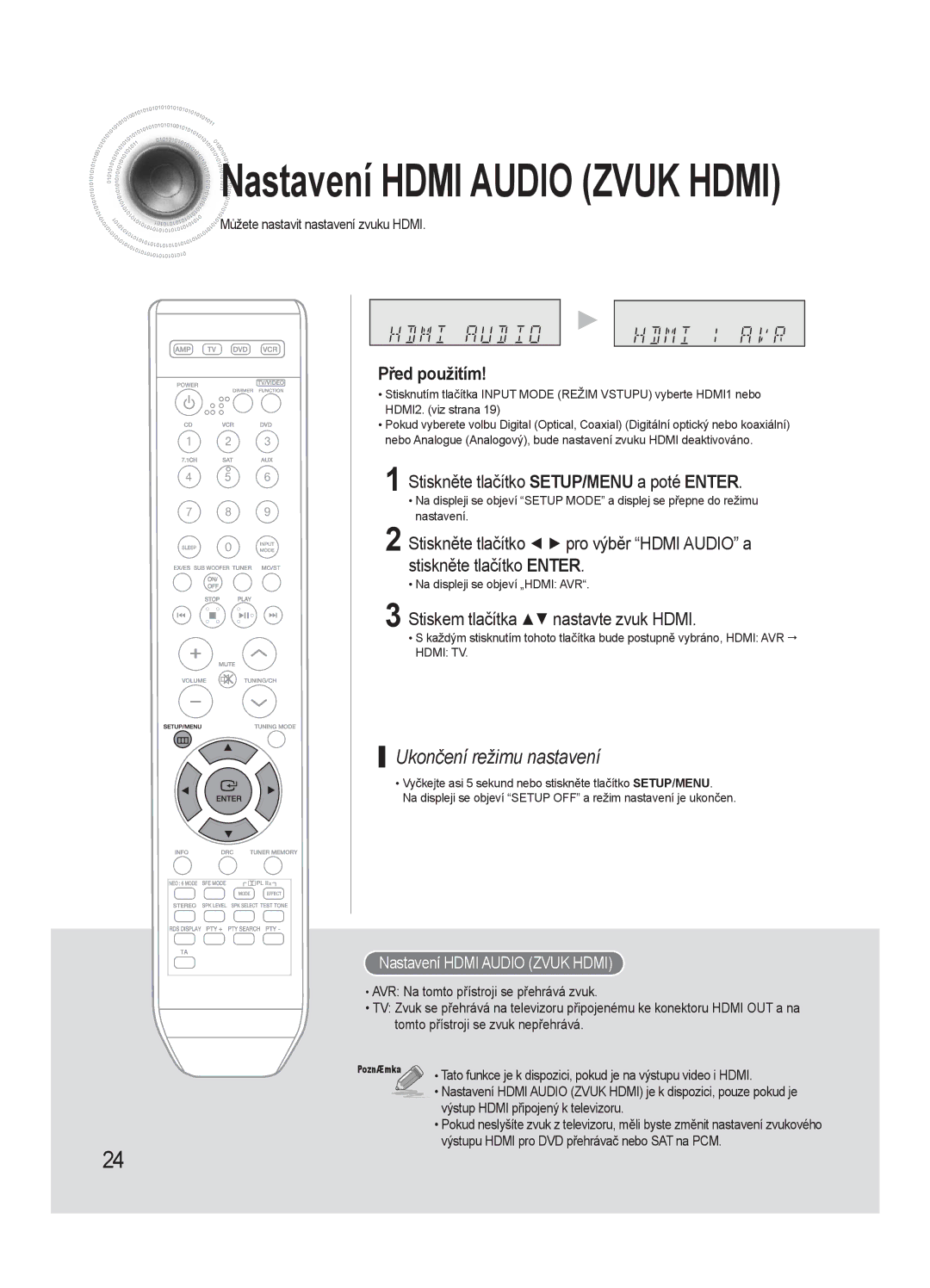 Samsung AV-R720R/XEO, HT-AS720SR/EDC manual Stiskem tlačítka nastavte zvuk Hdmi, Nastavení Hdmi Audio Zvuk Hdmi 