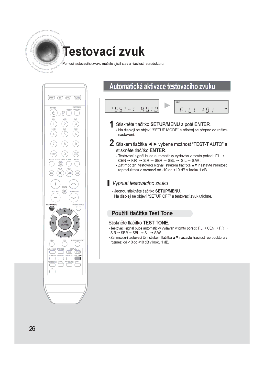 Samsung AV-R720R/XEO, HT-AS720SR/EDC manual Testovací zvuk, Použití tlačítka Test Tone, Stiskněte tlačítko Test Tone 