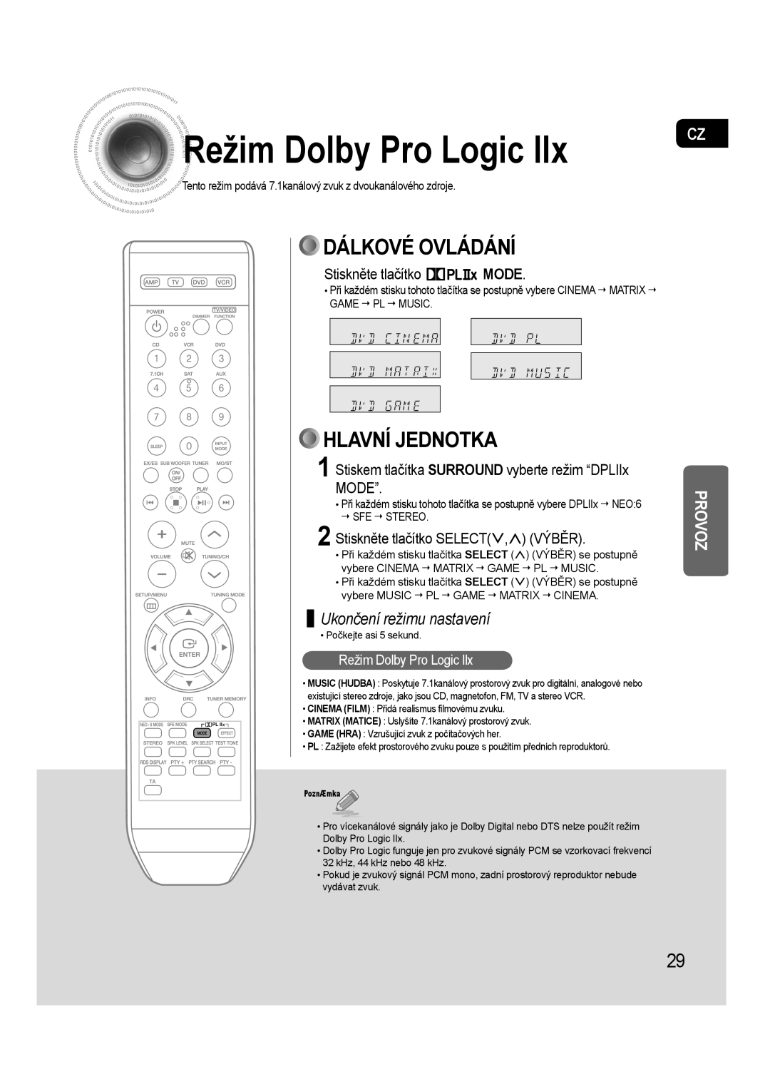 Samsung HT-AS720SR/EDC manual Režim Dolby Pro Logic llx, Stiskněte tlačítko Mode, Stiskněte tlačítko SELECT.,, Výběr 