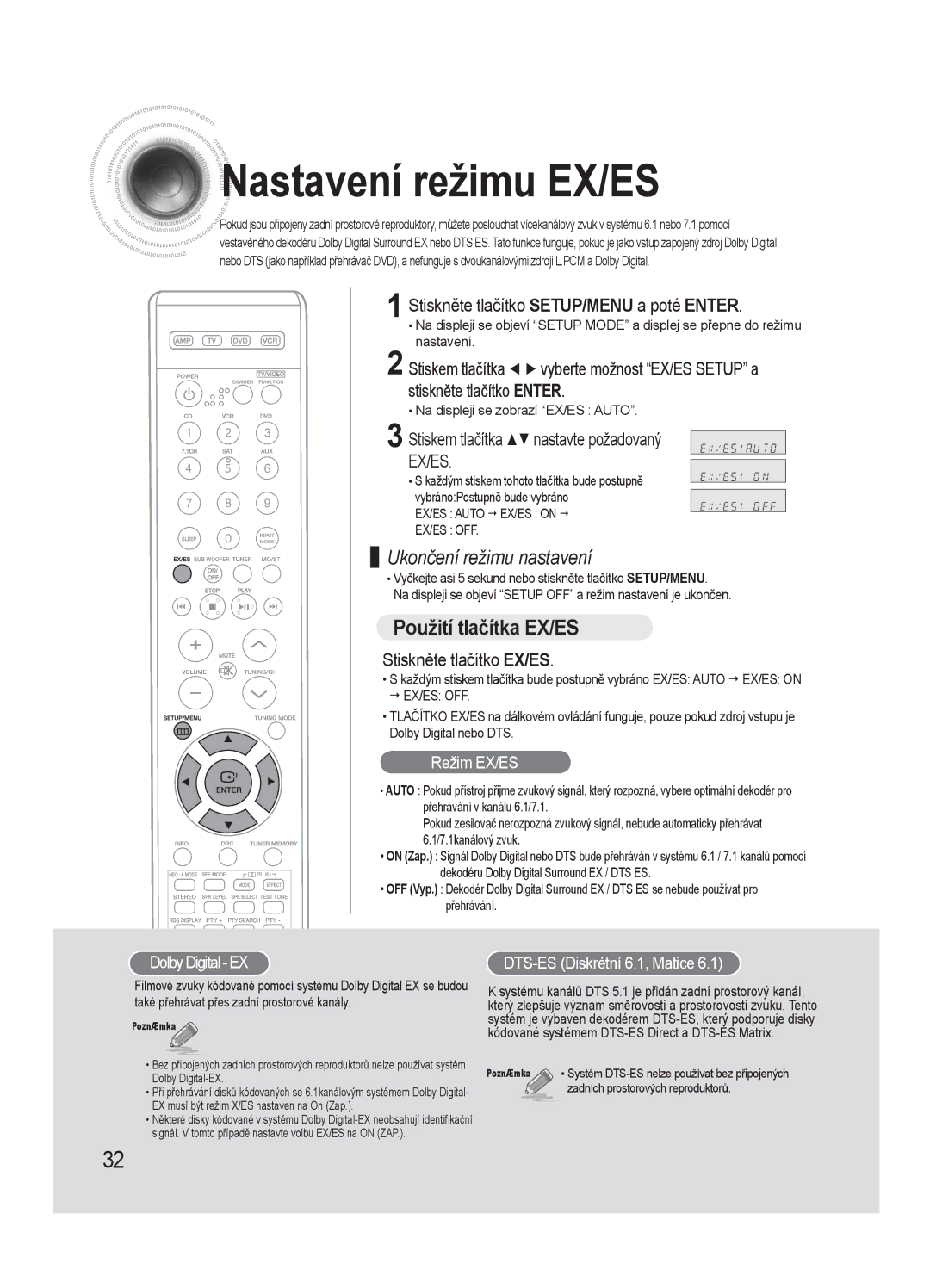 Samsung AV-R720R/XEO, HT-AS720SR/EDC Nastavení režimu EX/ES, Použití tlačítka EX/ES, Stiskem tlačítka nastavte požadovaný 