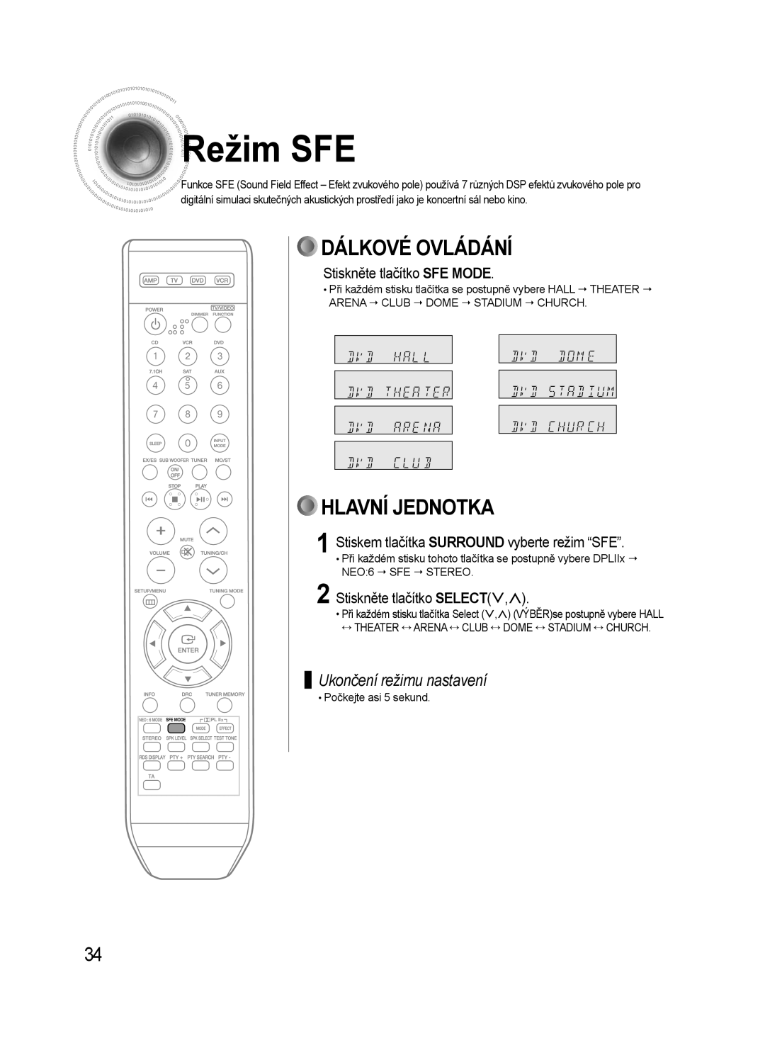 Samsung AV-R720R/XEO, HT-AS720SR/EDC Režim SFE, Stiskněte tlačítko SFE Mode, Stiskem tlačítka Surround vyberte režim SFE 