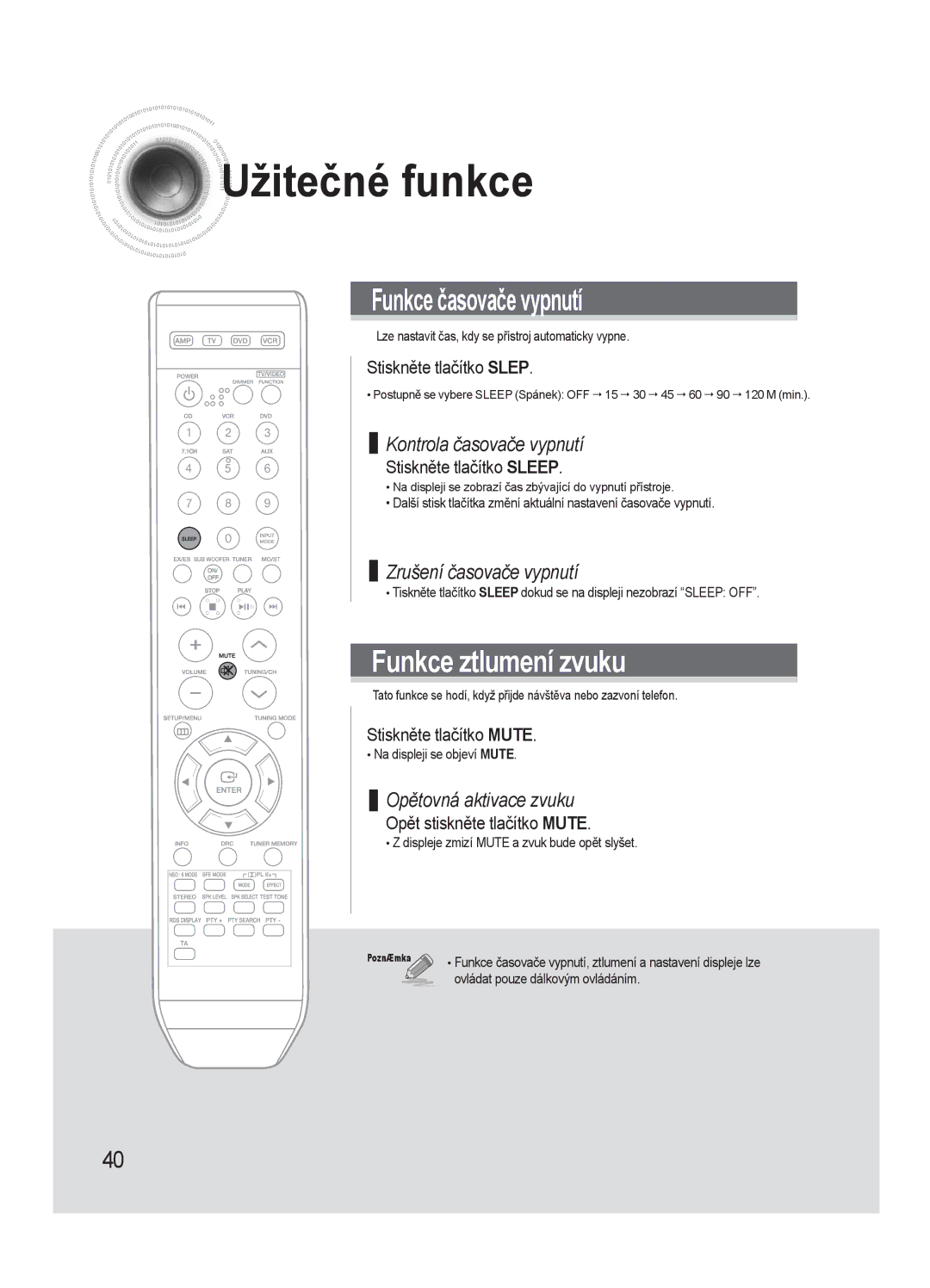 Samsung AV-R720R/XEO manual Užite čné funkce, Stiskněte tlačítko Slep, Stiskněte tlačítko Sleep, Stiskněte tlačítko Mute 