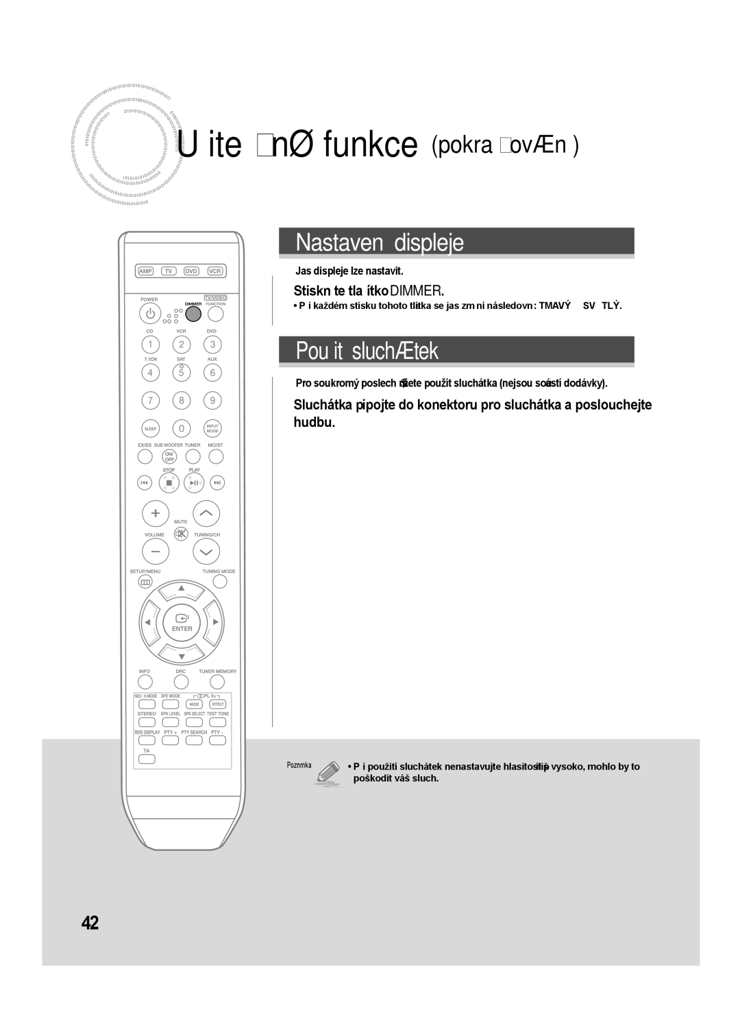 Samsung AV-R720R/XEO, HT-AS720SR/EDC manual Užitečné funkce pokračování, Stiskněte tlačítko Dimmer 