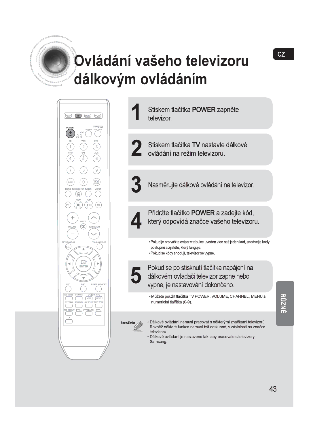 Samsung HT-AS720SR/EDC, AV-R720R/XEO Ovládání vašeho televizoru Dálkovým ovládáním, Stiskem tlačítka TV nastavte dálkové 