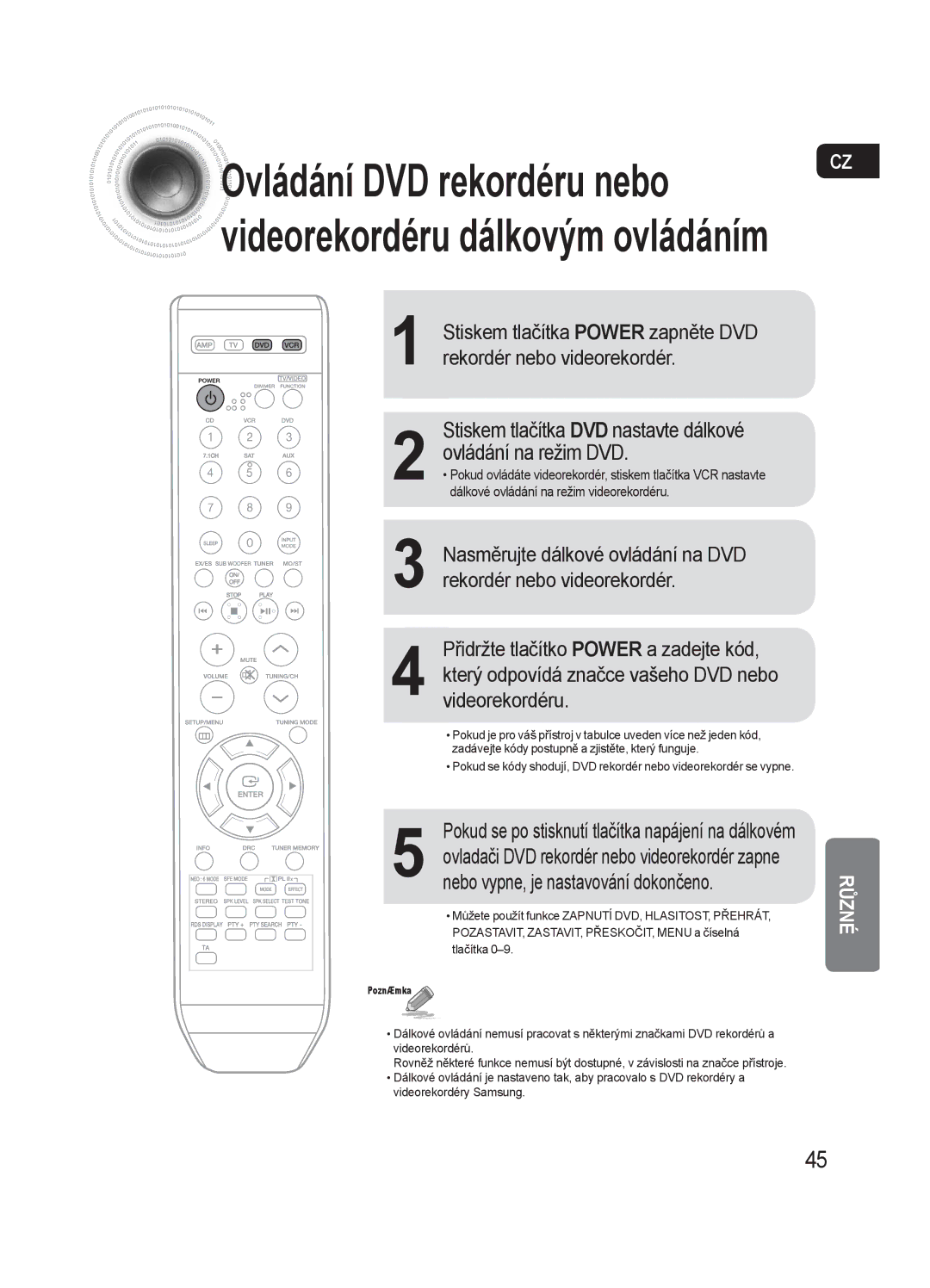 Samsung HT-AS720SR/EDC, AV-R720R/XEO manual Ovládání DVD rekordéru nebo, Stiskem tlačítka Power zapněte DVD 