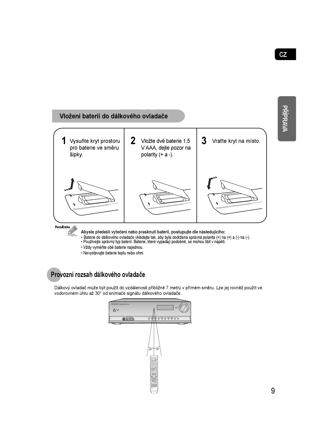 Samsung HT-AS720SR/EDC, AV-R720R/XEO manual Provozní rozsah dálkového ovladače, Vložení baterií do dálkového ovladače 